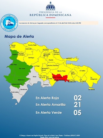En 21 provincias de República Dominicana permanecen bajo alerta amarilla debido a la persistencia de precipitaciones y humedad. (Imagen difundida por el @COE_RD)