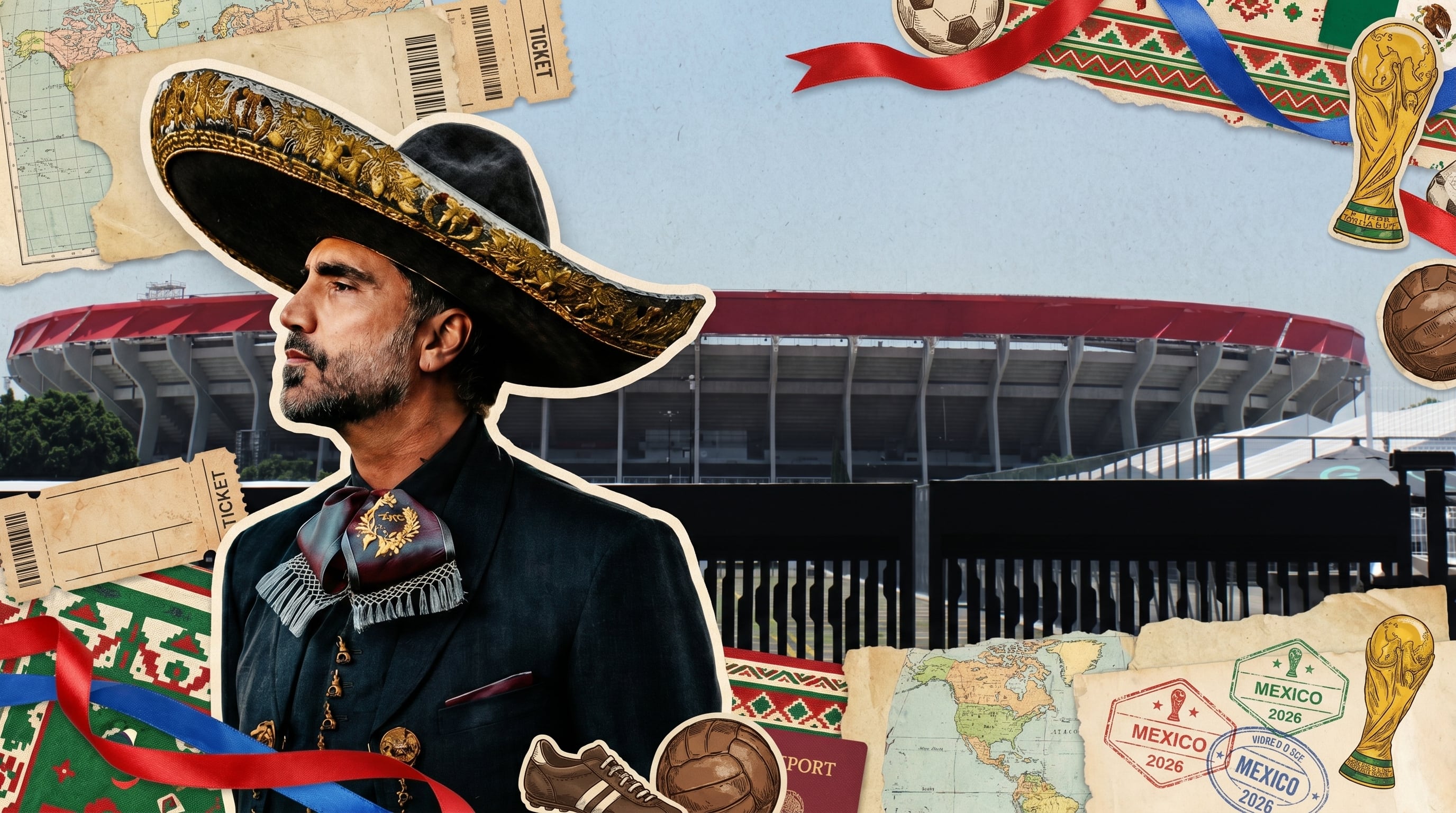 Un collage muestra a Alejandro Fernández como charro con el Estadio Ciudad de México de fondo, rodeado de elementos del Mundial 2026 como tickets, mapas y la copa. (Imagen Ilustrativa Infobae)