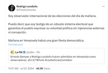 Rodrigo Londoño aseguró que el sistema electoral de Venezuela no permite la injerencia de actos de corrupción - crédito @TimoComunes/X