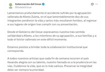 El primer reporte de la Gobernación del Cesar indicó que eran dos víctimas, pero más tarde se confirmó que se trataba de cuatro fallecidos (Gobernación del Cesar/X)
