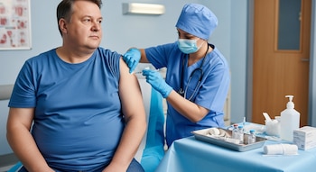 Un hombre con sobrepeso recibe una inyección en el brazo de una enfermera con mascarilla en una sala de hospital, con suministros médicos en una mesa.
