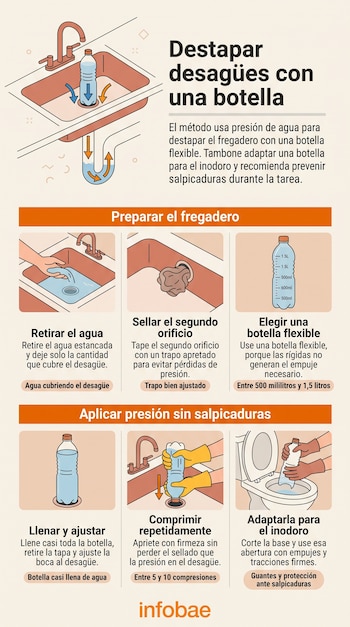 Infografía con seis ilustraciones que detallan los pasos para destapar un fregadero y un inodoro con una botella de plástico.