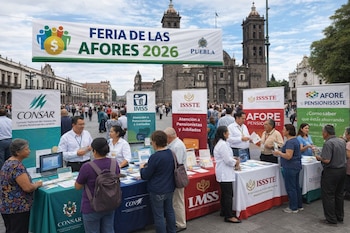 Módulos de información de CONSAR, IMSS e ISSSTE con personal atendiendo a personas en una plaza pública de Puebla, bajo un letrero de 'Feria de las Afores 2026'.