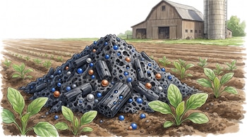Pila de material gris poroso en campo agrícola con plantas jóvenes. Esferas azules, cobre y plata incrustadas. Al fondo, un establo y un silo.