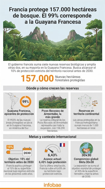 Infografía que muestra un paisaje de selva con montañas y datos sobre las 157.000 hectáreas de bosque protegidas por Francia, destacando la Guayana Francesa.