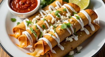 Un plato blanco contiene varias flautas de queso crujientes, adornadas con crema blanca, queso desmenuzado y hojas de cilantro, con salsa roja y lima.