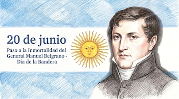 Ilustración de Manuel Belgrano con traje oscuro, sobre la bandera argentina. Incluye el Sol de Mayo y texto "20 de junio" y "Día de la Bandera".