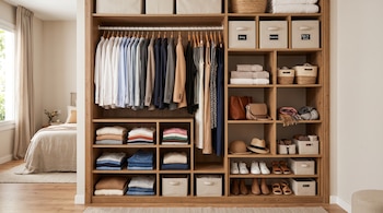 Armario de madera con camisas colgadas, ropa doblada en estantes, cajas de tela, bolsos, sombreros y zapatos ordenados.