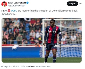 El defensor central de la selección Colombia prendió los radares del Liverpool de Inglaterra - crédito @Ivan_Schwakoff / X