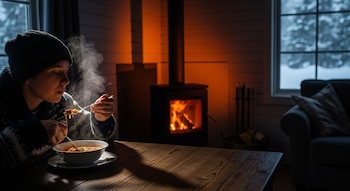 Persona con gorro y suéter come sopa caliente de un cuenco con cuchara. Hay una estufa a leña encendida y una ventana con nieve al exterior.