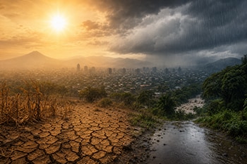 Vista dividida con terreno seco y sol brillante a la izquierda, y lluvia intensa con nubes oscuras y vegetación verde a la derecha.