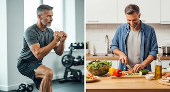 Díptico que muestra a un hombre haciendo sentadillas en un gimnasio a la izquierda y al mismo hombre cortando verduras en una cocina a la derecha.