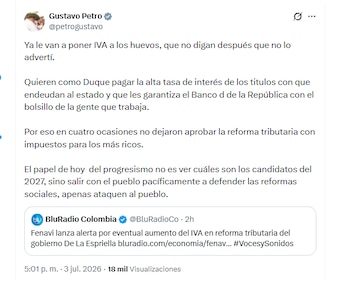 El presidente Gustavo Petro criticó la reforma tributaria de Abelardo de la Espriella - crédito @petrogustavo/X