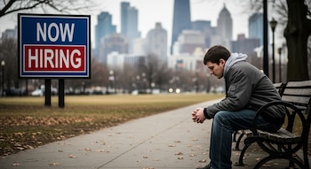Un hombre joven, sentado en un banco de madera con las manos entrelazadas, mira hacia abajo junto a un cartel de "NOW HIRING". Al fondo, rascacielos y un parque.