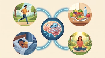 Ilustración del cerebro humano y cuatro círculos alrededor: un hombre corriendo, una mesa con comida saludable, una mujer durmiendo y una mujer meditando.