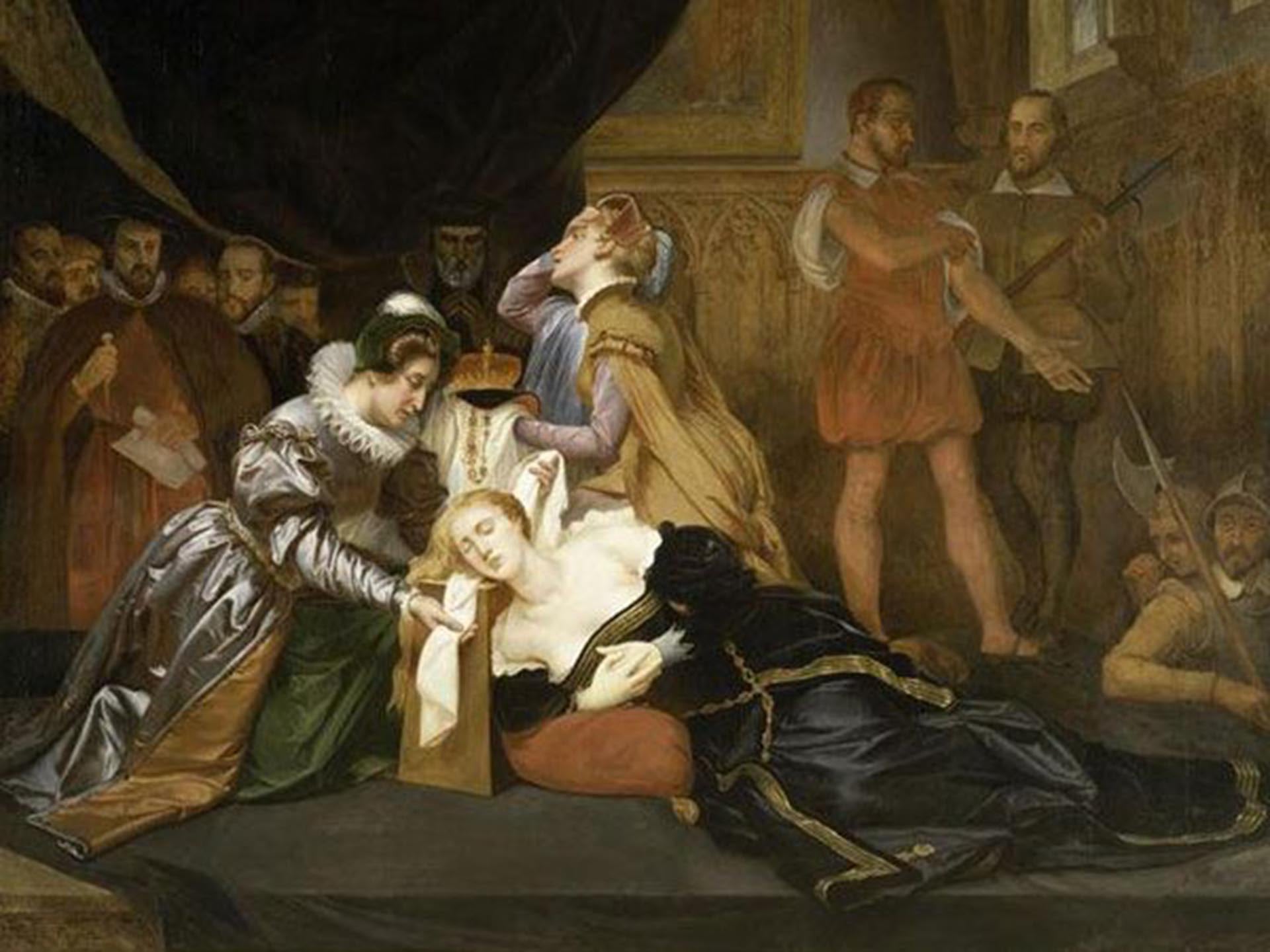 La ejecución de María I de Escocia (La mort de Marie Stuart), óleo sobre lienzo del pintor francés Alexandre-Denis-Abel de Pujol (1785–1861)