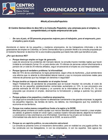 Comunicado del Centro Democrático donde
