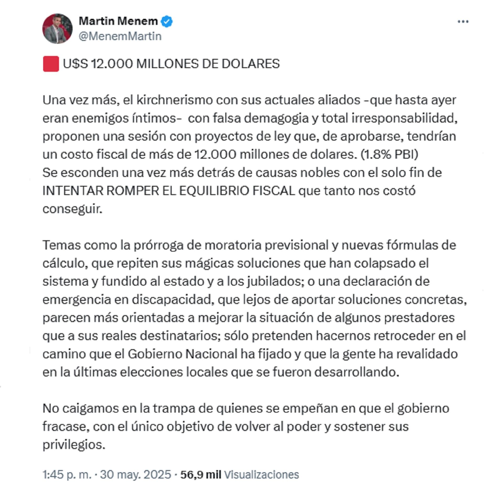 La publicación de Martín Menem