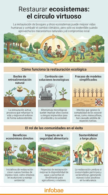 Infografía sobre restauración de ecosistemas, mostrando bucles naturales, el contraste con la tecnología y el papel de las comunidades en sus beneficios.