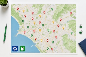Mapa impreso con marcadores de colores con el icono de un surtidor de gasolina, junto a un bolígrafo, dos clips y una planta pequeña.