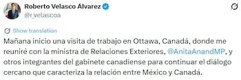 Comunicado de Roberto Velasco. (SRE)