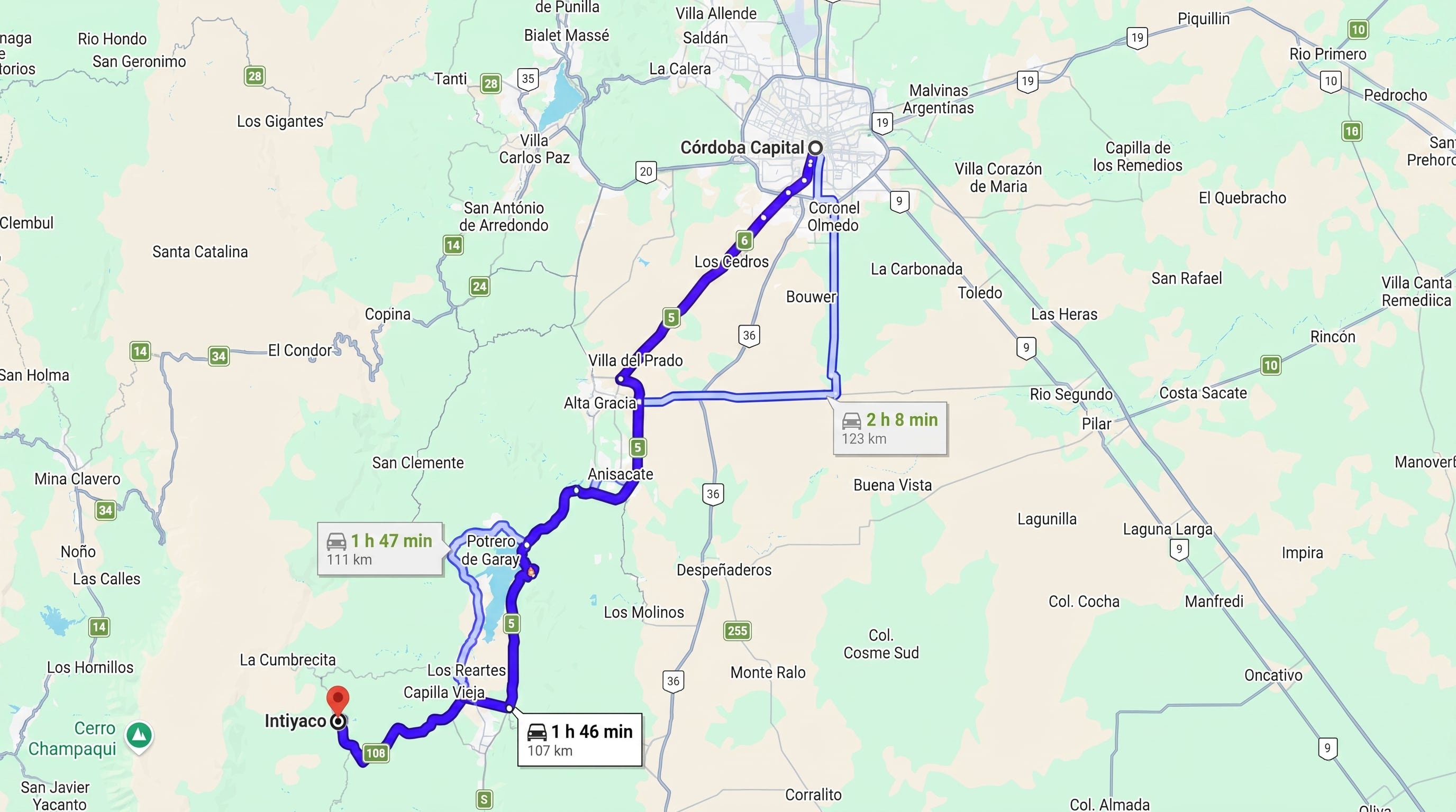 Para llegar a Intiyaco desde Córdoba Capital se debe tomar la Ruta Provincial 5 y luego la Ruta Provincial 109 (Google Maps/Captura)