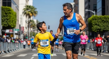 Hombre y niño de fenotipo mexicano corren tomados de la mano en maratón. Ambos llevan camisetas y números. Fondo urbano con palmeras, corredores y edificios.