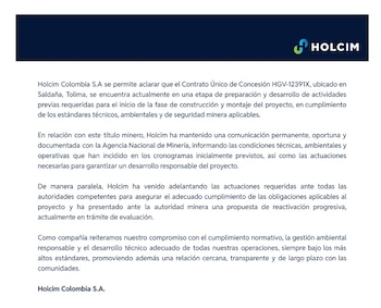 Holcim Colombia se pronunció sobre proyecto en el río Saldaña