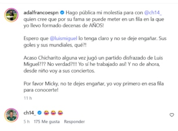 Captura de pantalla de un mensaje en redes sociales con texto dirigido a las cuentas de ch14_ y luismiguel, junto a una respuesta con emojis