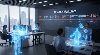 Oficina moderna con empleados y hologramas de IA azul. Pantalla al fondo muestra línea de tiempo "AI in the Workplace" y una ciudad con rascacielos.