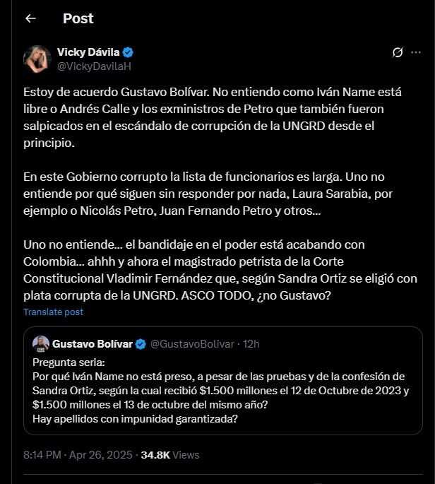 Vicky Dávila hizo un mensaje diciendo que estaba de acuerdo con Gustavo y aprovechó para atacar al Gobierno Petro - crédito @VickyDavilaH