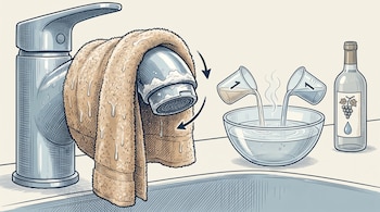 Ilustración de un grifo con una toalla húmeda envolviendo su boquilla. Dos vasos vierten líquido claro y amarillento en un tazón, junto a una botella de vinagre.