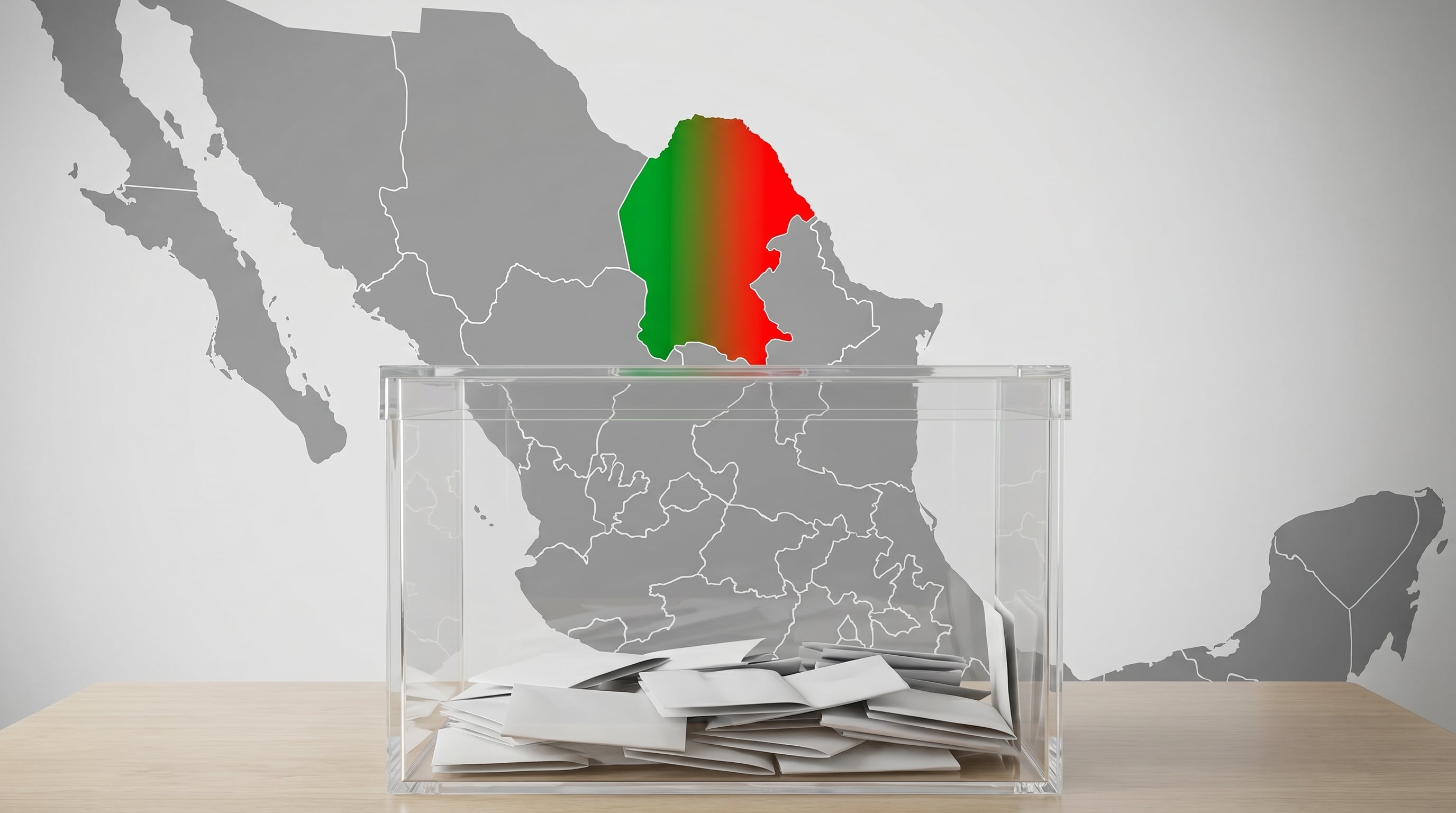 Una urna electoral con boletas en primer plano y un mapa de México de fondo, destacando Coahuila en verde y rojo, simboliza los resultados de las elecciones y la victoria del PRI-UDC en el estado. (Imagen Ilustrativa Infobae)