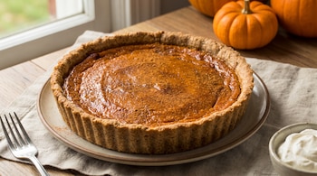 Tarta de calabaza redonda sobre un plato de cerámica, con un tenedor a la izquierda, un cuenco con crema a la derecha y calabazas de fondo.