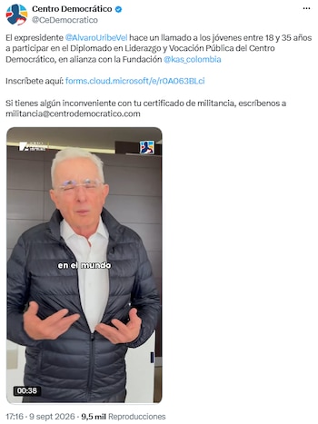 Álvaro Uribe convocó a jóvenes a un diplomado del Centro Democrático - crédito @CeDemocratico/X