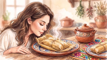 Ilustración de mujer oliendo un tamal envuelto en hoja de maíz en un plato de talavera, con una olla de barro y un textil sobre una mesa.