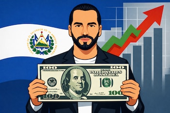 Ilustración digital de Nayib Bukele de medio cuerpo, sosteniendo un billete de cien dólares. Detrás, la bandera de El Salvador y un gráfico ascendente.