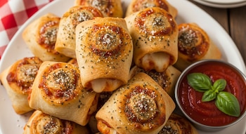 Rollitos de pizza caseros dorados con queso derretido, espolvoreados con hierbas y parmesano, en plato blanco, junto a salsa roja con albahaca.
