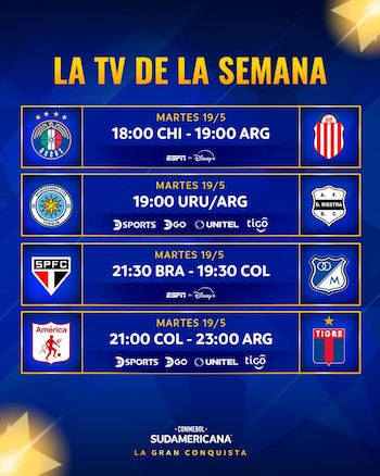 Gráfico azul oscuro con "LA TV DE LA SEMANA". Muestra la programación de partidos de la Copa Sudamericana 2026: equipos, horarios, canales de transmisión