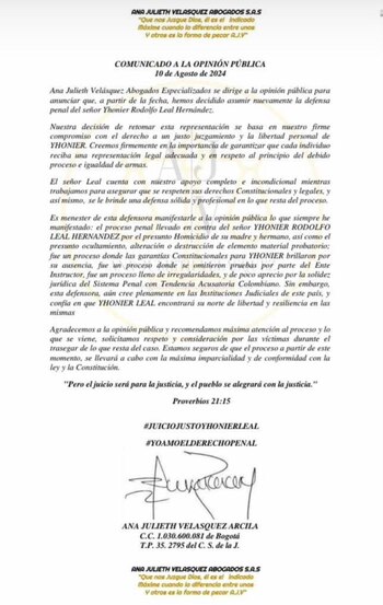 Abogada de Yhonier Leal confirmó