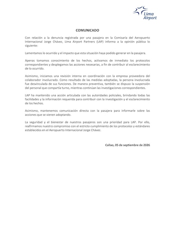 LAP desvinculó a colaborador tras acusación de transferencia irregular en el aeropuerto Jorge Chávez
