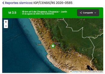 Mapa satelital del Perú con una franja verde superior que indica un sismo de magnitud 3,5 y una estrella sobre la región de Junín