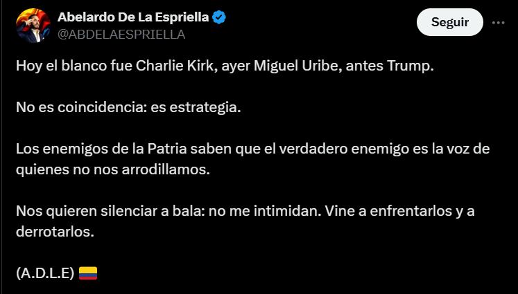 Aberlardo De La Espriella condenó el ataque contra Charlie Kirk en Estados Unidos- crédito @ABDELAESPRIELLA/X