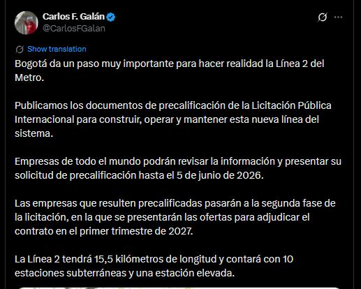 El alcalde Galán especificó que la Línea 2 del Metro tendrá una porción subterránea - crédito @CarlosFGalan/X