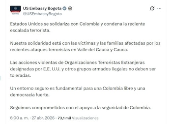 EUA emitem alerta de segurança após relatos de ataques armados no sudoeste da Colômbia - crédito @USEmbassyBogota/X