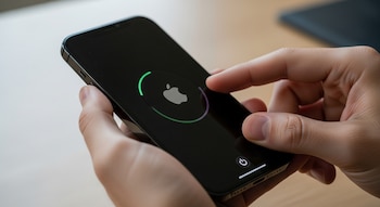 Primer plano de manos sosteniendo un iPhone. La pantalla muestra el logo blanco de Apple y una barra de carga circular verde y morada sobre fondo negro.