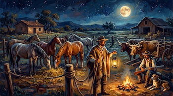 Pintura de dos hombres junto a una fogata, un perro, varios caballos y bueyes en un corral bajo la luna llena.