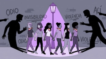 Ilustración de mujeres lesbianas tomadas de la mano caminando bajo la luz de un farol violeta, mientras sombras masculinas y grafitis de 'odio' y 'violencia' las rodean.