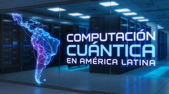 Mapa brillante y conectado de América Latina junto al texto 'Computación Cuántica en América Latina' en un panel de vidrio con un centro de datos de fondo.