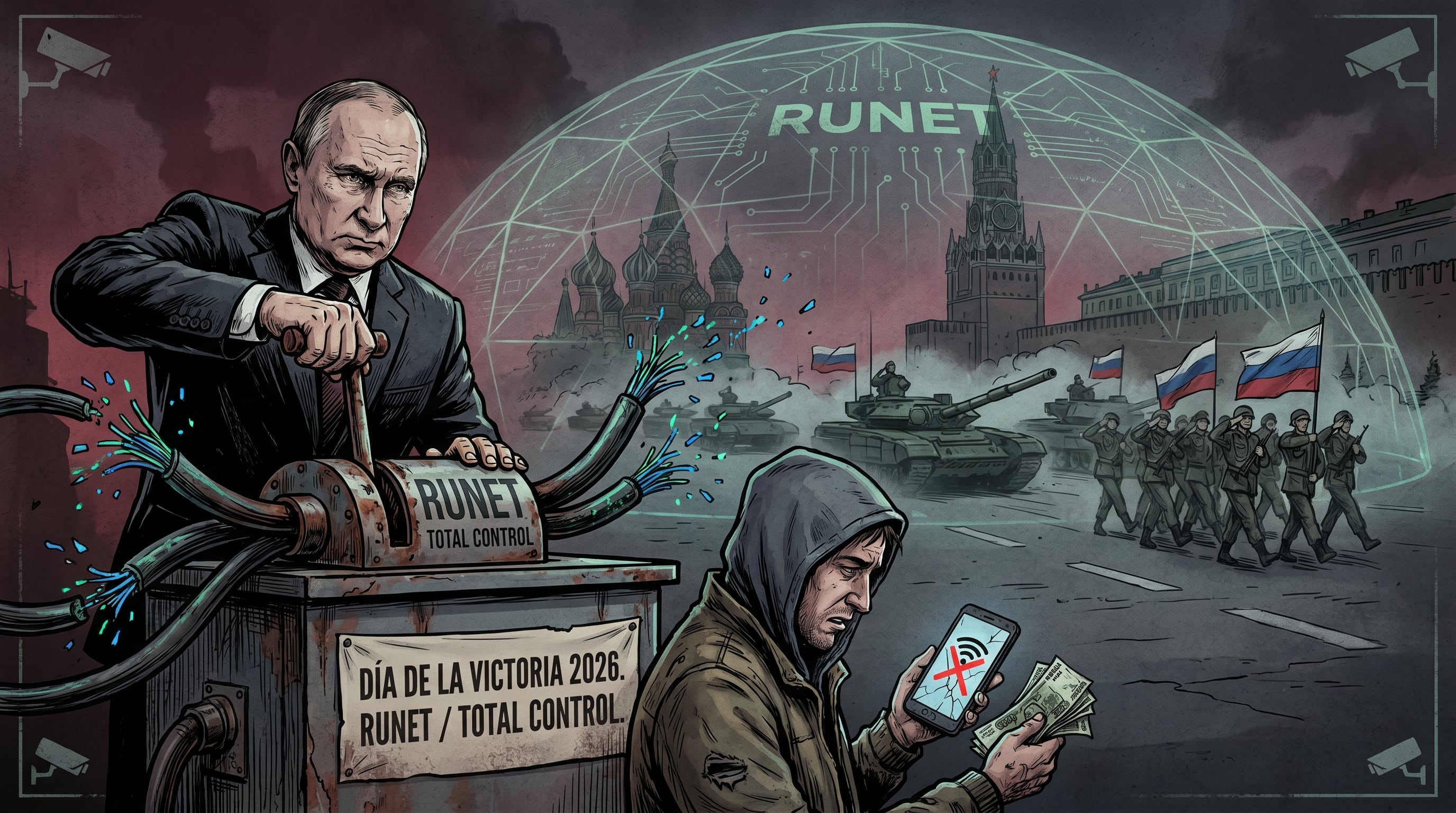 Una ilustración muestra a Vladimir Putin cortando cables de fibra óptica, simbolizando el control total de Runet sobre Rusia (Imagen Ilustrativa Infobae)